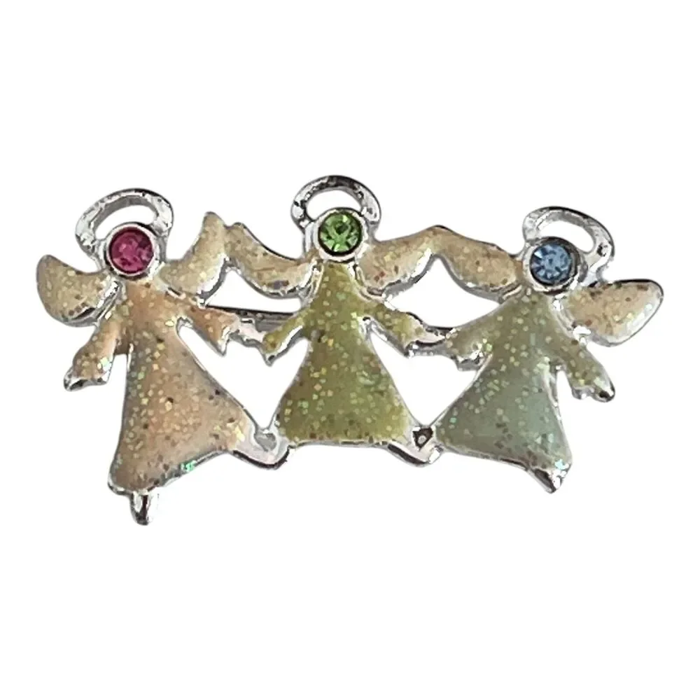 Vintage 1980s Angel Brooch Silver Tone Glitter Enamel Figural Pin - 10C